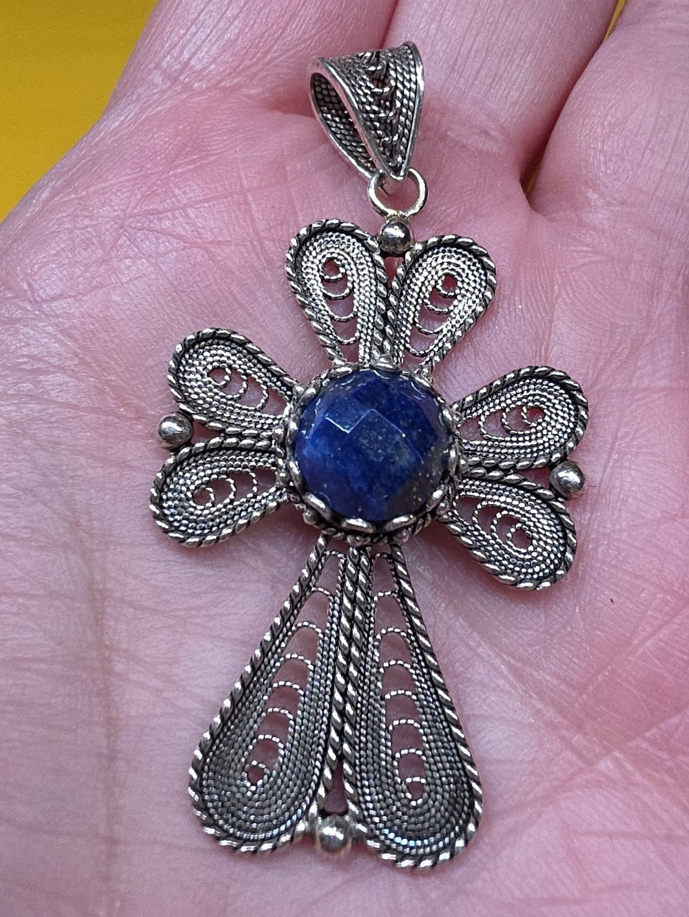 Vintage Turkish Telkari 925 Silver Filigree Cross Pendant w Faceted Lapis Lazuli